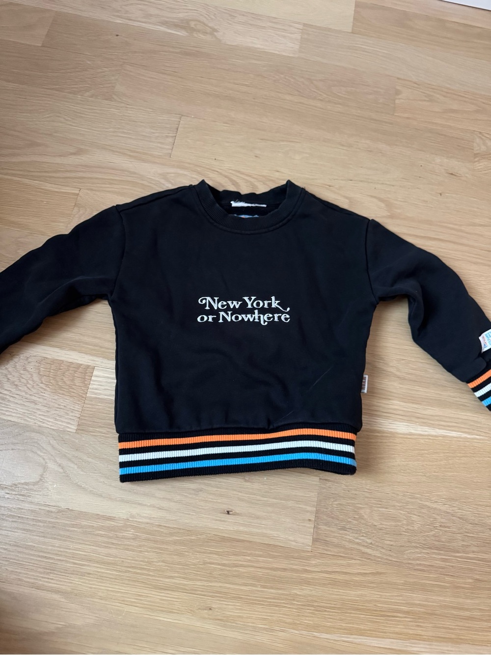 Kids Black 'New York or Nowhere' Crewneck Sweatshirt with Striped Hem